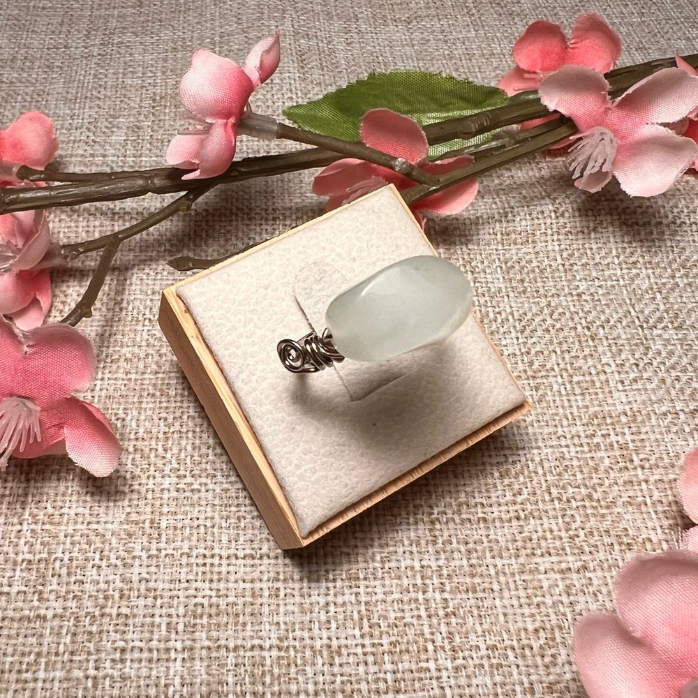 HANDMADE Vintage Wire-Wrapped Silver Ring with Large Milky White Gemstone